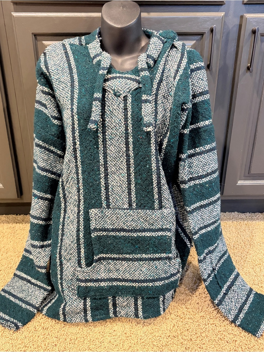 Baja Hoodie Mexican Poncho L Green & White Pullover Drug Rug Hippie Surfer